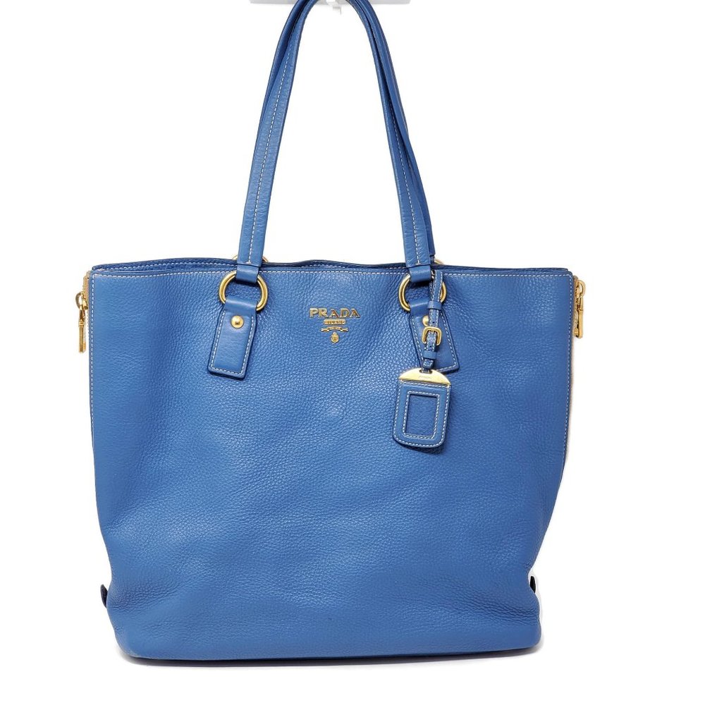 Auth Prada Large Blue Leather Tote Shoulder Bag - Picture 1 of 16